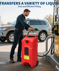 Man using Upgraded 16 Gallon Gas Tank Caddy With Heavy Duty HDPE Construction Manual Transfer Pump 10 Foot Hose Portable Gas Can