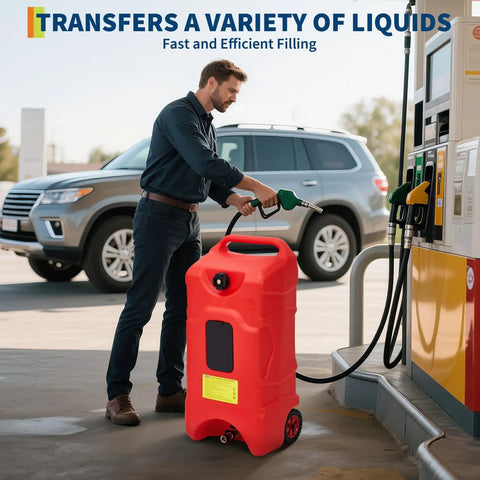 Man using Upgraded 16 Gallon Gas Tank Caddy With Heavy Duty HDPE Construction Manual Transfer Pump 10 Foot Hose Portable Gas Can