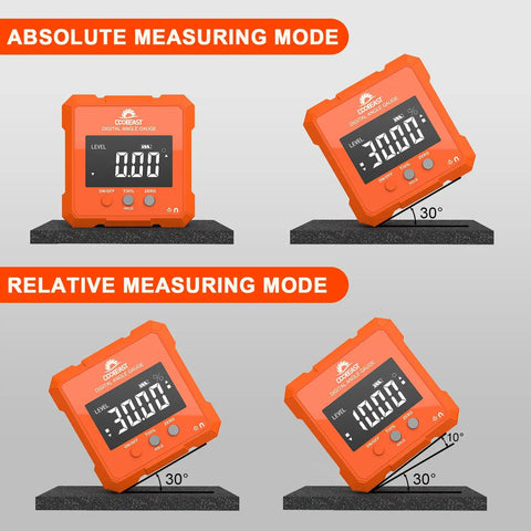 Backlit Digital Angle Gauge With Magnetic Base For Woodworking And Construction Compact Protractor Inclinometer Tool For Table Saws And Diy Projects Precise Level Measurement For Builders And Makers Must Have Gift For Men shown in absolute and relative measuring modes.