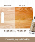 Top Shelf Food Grade Mineral Oil Eight Ounce Wood Conditioner before and after on a wooden cutting board