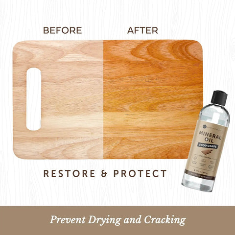 Top Shelf Food Grade Mineral Oil Eight Ounce Wood Conditioner before and after on a wooden cutting board