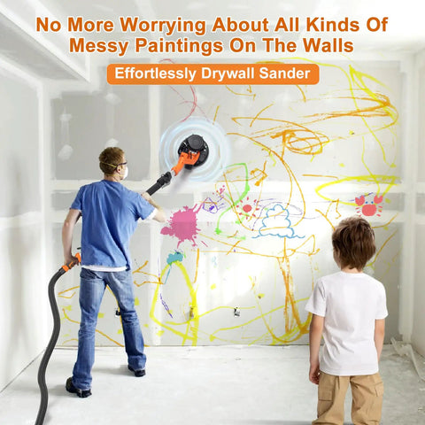 Man using Beast 1000W Drywall Sander With Vacuum Dust Collection And LED Light Popcorn Ceiling Removal Tool on messy wall