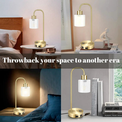 Lit Industrial Brass Table Lamps Set Of 2 With USB Ports For Nightstand And Living Room, Vintage Edison Bulb Style
