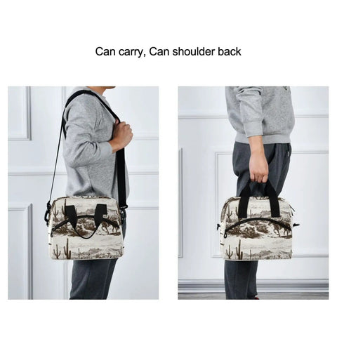 Person carrying Desert Cowboy Insulated Cooler Bag 10L Leakproof Lunch Box with handle and adjustable strap for shoulder carry