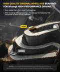 Mountain road with two cars showing wheel hub bearing stability, text highlights advantages of Nhsmgt high-performance bearings.