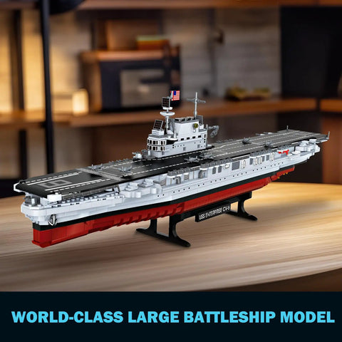 Must Have Battleship Building Set For Adults And Teens 14 Plus Massive 1883 Piece USS CV 6 Enterprise Warship Model Kit For Collectors And Display Ideal Navy Buff Birthday Gift, realistic model on indoor shelf.