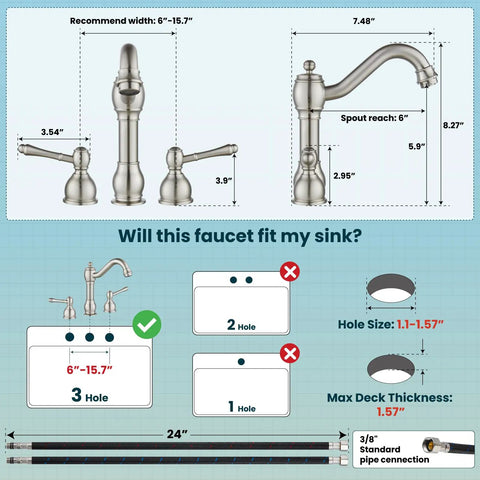 Diagram of Widespread 8 Inch Bathroom Faucet For Sink With 3 Holes, Two Lever Handles, dimensions and installation guide in brushed nickel finish.
