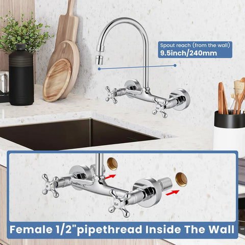 Wall Mounted Kitchen Faucet With Sprayer, 360 Degree Swivel Spout, Double Cross Handles, Commercial Grade, 8 Inch Center