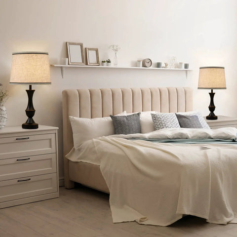 Drum Lampshades Set Of 2 Natural Linen Hand Crafted With Harp Holder Included For Easy Fit For Table And Floor Lamps in bedroom.