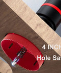Close-up of 4 Inch HSS Bi-Metal Hole Saw With Arbor and Mandrel cutting through wood.