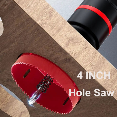 Close-up of 4 Inch HSS Bi-Metal Hole Saw With Arbor and Mandrel cutting through wood.