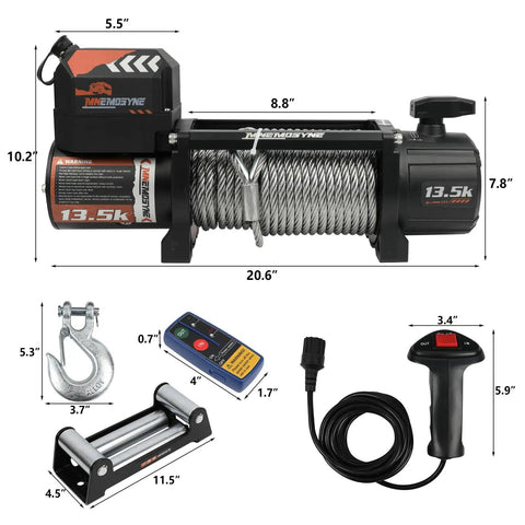 Heavy Duty 13500lbs Electric Winch With Wireless Remote 12V System And Stainless Steel Cable, dimensions and remote included.