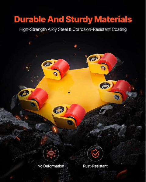 Heavy Duty Machine Skate With 8800 Lbs Capacity, 360 Degree Rotation Cap, PU Swivel Rollers in yellow steel on rocks
