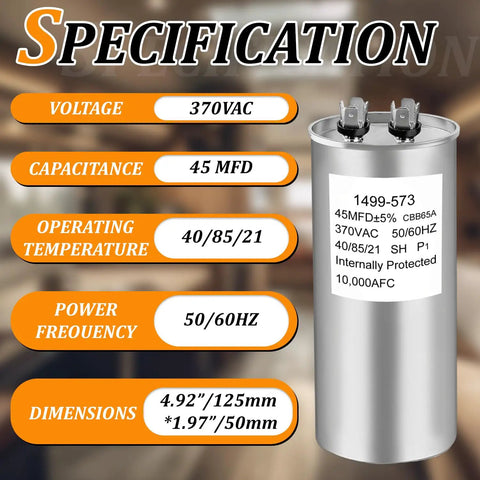 RV Roof Air Conditioner Run Capacitor Replacement 45 MFD Plus Or Minus 5 Percent 370V 50 60Hz Dual Round 1499-5731