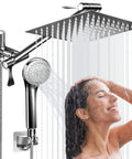 10 Inch Rainfall Shower Head And Handheld Combo With High Pressure Air Boosted Water Flow Adjustable Extension Arm For Angle And Height 5 Settings With Hose Easy Install For A Spa Like Shower At Home, illustrating a person enjoying water flow.