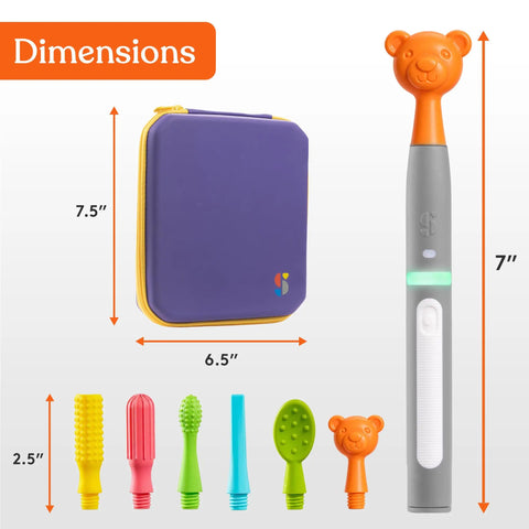 Calming Oral Motor Stimulation Kit With Six Soft Textured Heads, Gentle Vibrations, And Interchangeable Wands shown with dimensions.