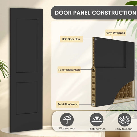 36 Inch By 84 Inch Bi Fold Barn Door Set With Two Panels And Brushed Gold Hardware Space Saving Interior Sliding Door For Closets Pantry Or Laundry Rooms Hollow Core Textured Black Finish Includes Hardware Kit Quiet Smooth Rollers No Brainer Easy Install cross-section showing HDF, honeycomb, and pine wood.