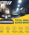 Heavy Duty 50 Ft LED Work Light Set With Five Heads Boss Level Brightness 50W 5000 Lumen Damp Rated Jobsite Lighting Linkable For Bigger Projects 5000K Daylight White Metal Housing ETL Listed spotlight showcasing beam in dark industrial setting