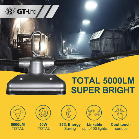 Heavy Duty 50 Ft LED Work Light Set With Five Heads Boss Level Brightness 50W 5000 Lumen Damp Rated Jobsite Lighting Linkable For Bigger Projects 5000K Daylight White Metal Housing ETL Listed spotlight showcasing beam in dark industrial setting