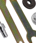 Close-up of Drill To Angle Polisher Adapter Kit with Arbor and Connecting Rod Set, showcasing spanner and flange nut details.