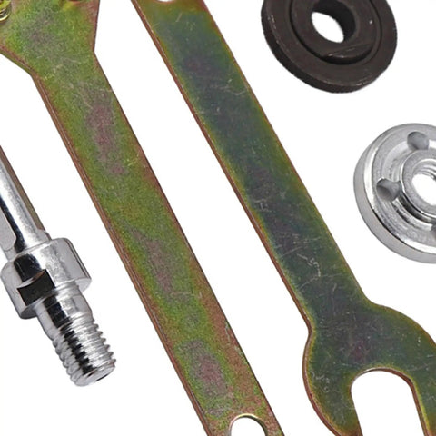 Close-up of Drill To Angle Polisher Adapter Kit with Arbor and Connecting Rod Set, showcasing spanner and flange nut details.