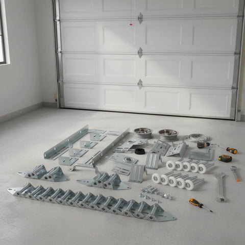 Garage Door Parts Installation Bundle Kit For 16 By 7 Feet Overhead Doors With Brackets Cables Hinges Rollers Screws Bearings And Bolts Replacement Set For Quick Home Garage Repairs shown unpacked on a garage floor