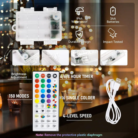 Color Changing Fairy Lights Battery Operated 2 Pack 40Ft Total 120LED Silver Copper Wire RGB String Lights With Remote Waterproof Indoor Outdoor Halloween Party Decor control box image.