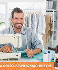 Sewing Machine Lubricant 4.4oz With Applicator Crystal Clear Odorless Mineral Oil For Textile Machines Keeps Your Stitches Smooth Jam Free And Buzz Free Transparent Oil That Prevents Slowdowns, clear bottle on sewing table
