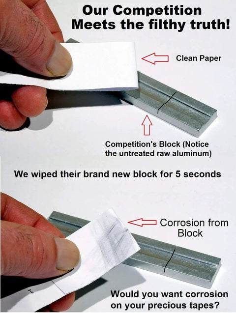 Comparison between untreated aluminum block and Pro Grade Splicing Block Kit In Hard Gold Anodized Aluminum Made In USA.