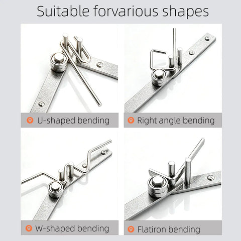 Compact Manual Rebar Bender And Wire Bending Jig For Garages Desktop Tubing Forming Tool demonstrating U, right angle, W, and flatiron bends.