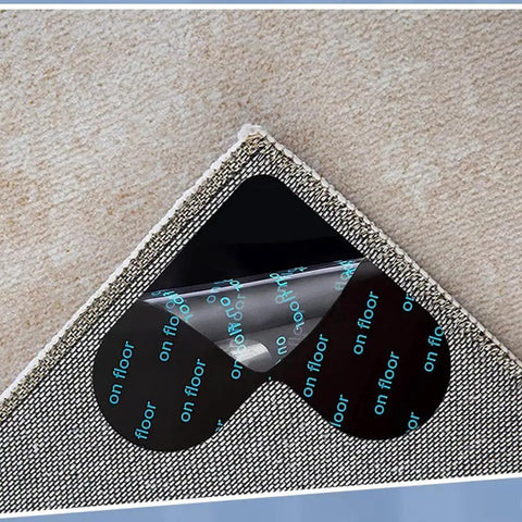 Non Slip Rug Pads For Hardwood Floors And Tile Reusable Carpet Tape showing adhesive under corner of rug, preventing curling.