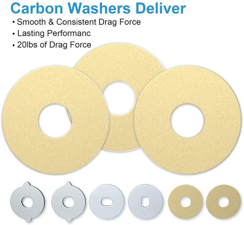 Assorted carbon washers and metal components for baitcasting reels with text emphasizing durability and drag force capabilities.