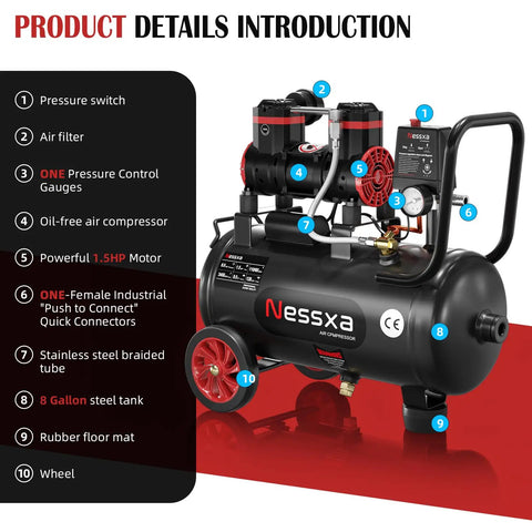 8 Gallon Ultra Quiet Air Compressor, 1.5HP Oil-Free Tank With Wheels, 115 PSI, 4.52 CFM Portable Air Pump For Car Repair, Spray Painting, Home Projects. Perfect For Nailing And Woodwork Work