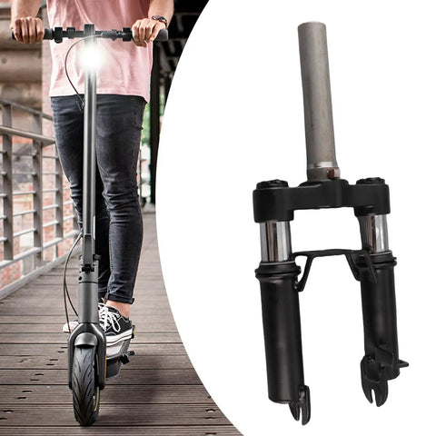 Front Suspension Fork For Electric Scooter With Shock Absorption Aluminum Alloy Construction Lightweight Easy Install Replacement Part Designed For Quick Install And Smooth Ride On Most Electric Scooters, shown separately and on scooter in motion.