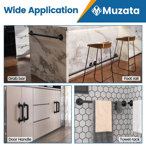 Wide applications of 3.3ft Black Staircase Handrail Kit, including grab bar, foot rail, door handle, and towel rack uses.