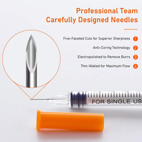 Dead On Accurate 31 Gauge 1cc Insulin Syringe With Sharp 5/16 Inch Needles, showcasing precision needle design for smooth gliding.