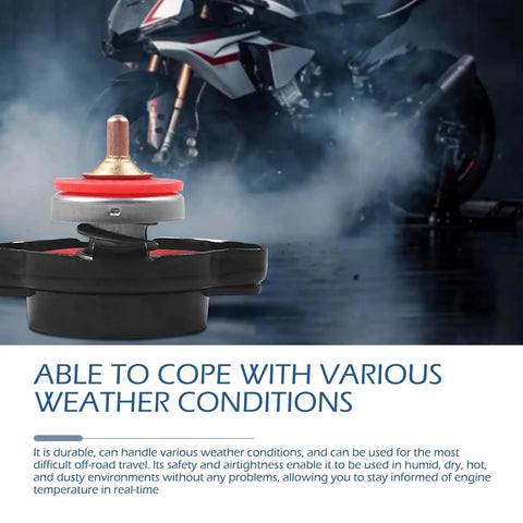 High Pressure Radiator Cap Cover With 1.8 Bar Temperature Gauge And 1.85 By 2.55 Inches Water Tank Seal Universal Fit For Suzuki Yamaha Motorcycle And ATV Models Black product shown with bike in background.
