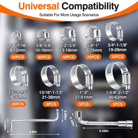217 Piece Stainless Steel Hose Clamp Kit with sizes from 1/4" to 2-1/2", includes socket wrench and screwdriver.
