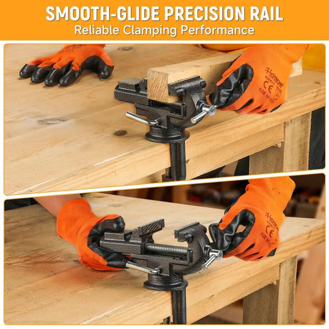 2-Inch Universal Table Vise With 360 Degree Swivel Base, Must-Have Portable Clamp-On Workbench Vice With Built-In Anvil For Hobbyist Jewelry Making, Electronics, Woodworking, And Precision DIY Projects on a wooden bench