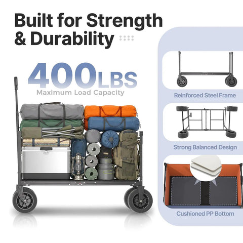 Heavy Duty Collapsible All Terrain Wagon Cart With 400 Lb Capacity And Wide 9cm Wheels loaded with camping gear for outdoor use.