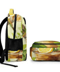 Side view of Lemon Americano Printed Unisex Backpack with large capacity, featuring bird design, durable polyester fabric.