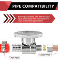Pack Of Ten Quarter Turn Straight Stop Valves For PEX Tubing Three Eighths Inch OD Compression To One Half Inch Crimp Barb Brass Chrome Lead Free Compatible With All PEX Brands And Clamp Or Copper Ring Systems showing valve compatibility with PEX and copper piping