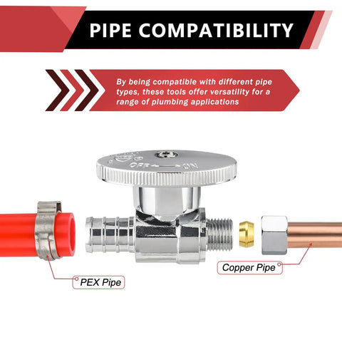 Pack Of Ten Quarter Turn Straight Stop Valves For PEX Tubing Three Eighths Inch OD Compression To One Half Inch Crimp Barb Brass Chrome Lead Free Compatible With All PEX Brands And Clamp Or Copper Ring Systems showing valve compatibility with PEX and copper piping
