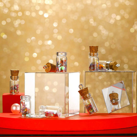 Totally Sweet Mini Glass Bottles With Cork Stoppers And Eye Screws Hella Practical Funnel Kit For Diy Crafts Perfume Sampling Raffle Prizes And Creative Hobby Builds 50 Piece 0.5Ml Pack displayed with decorative contents.