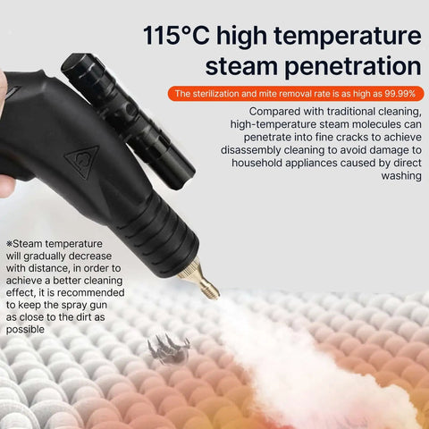 Professional 1700W Handheld Steam Cleaner With Tankless Design And 8 Attachments for high-temperature steam penetration at 115°C.