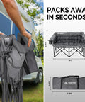 Two Person Padded Camping Chair For Outdoor Lounging shown folded with dimensions and carry bag.