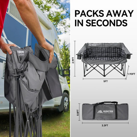 Two Person Padded Camping Chair For Outdoor Lounging shown folded with dimensions and carry bag.