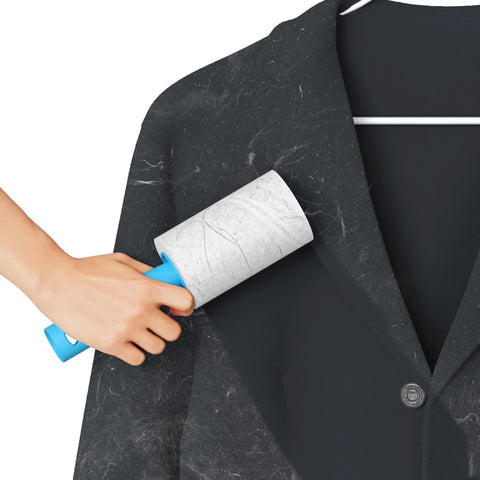 Hand using Extra Sticky Lint Roller Mega Value Set With 400 Sheets For Pet Hair Removal on black coat