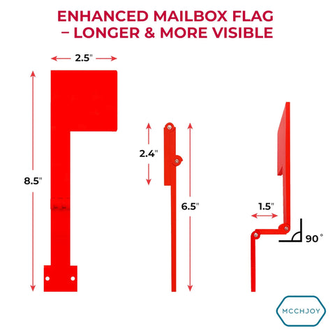 Folding 180 Degree Wall Mount Mailbox Flag with dimensions, easy adhesive or screw installation, for vertical mailboxes.