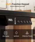 Close-up of 32 Inch Electric Standing Desk with LED keypad showing height and memory presets, black frame, black top.